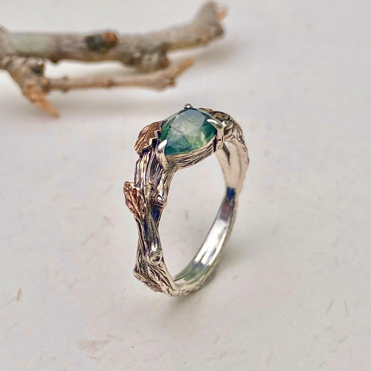 Moss Agate Sterling Silver Oak Leaf Ring