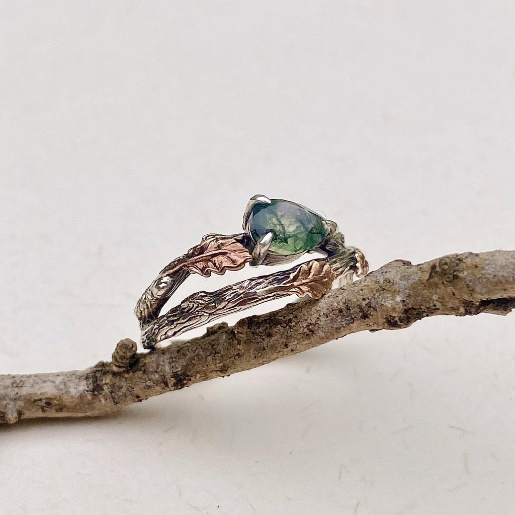Moss Agate Sterling Silver Oak Leaf Ring