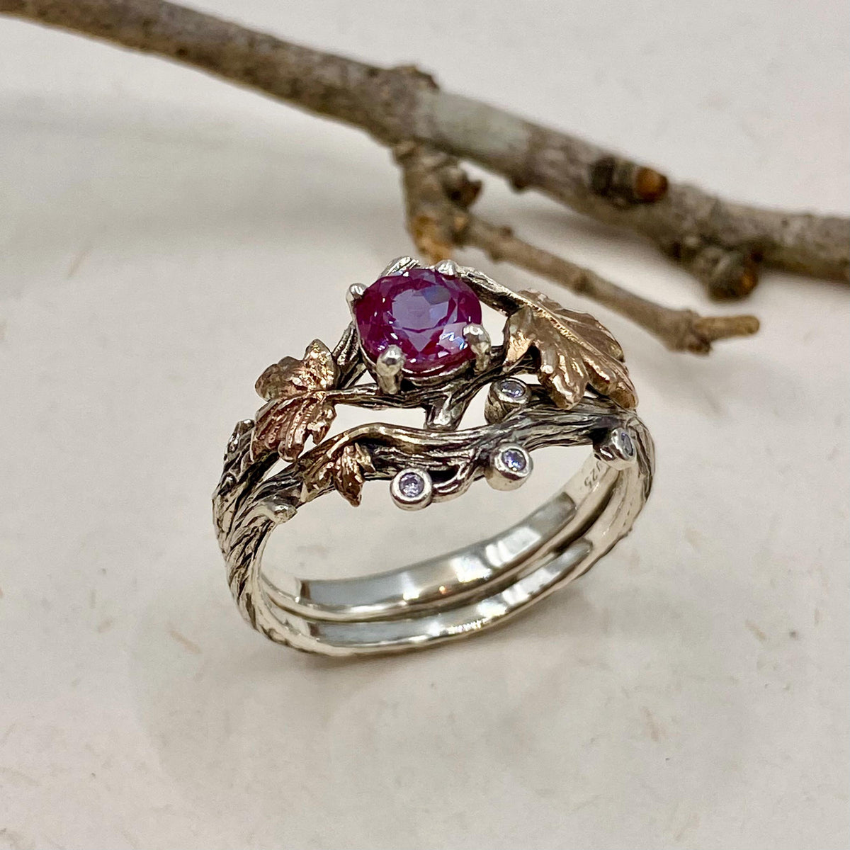 Alexandrite Sterling Silver Twig Ring Set