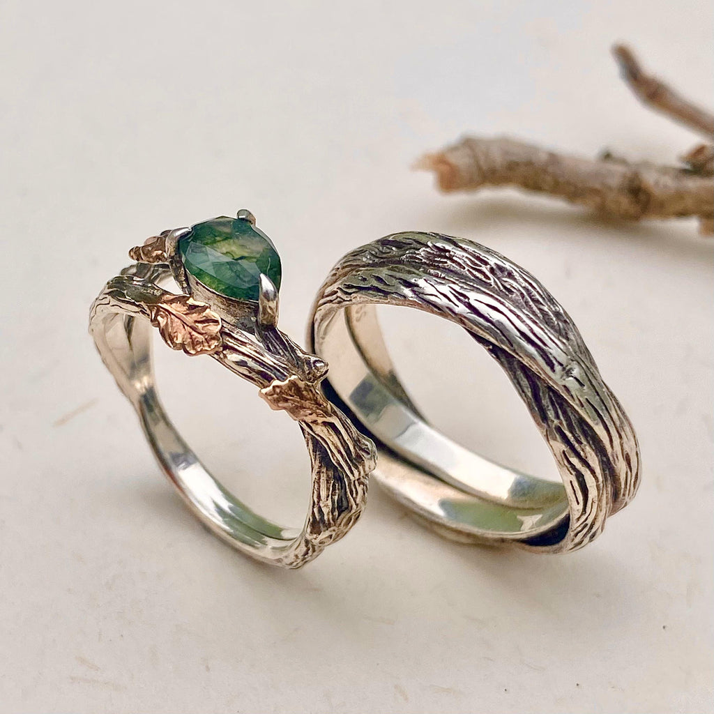 Moss Agate Sterling Silver Oak Leaf Ring Set