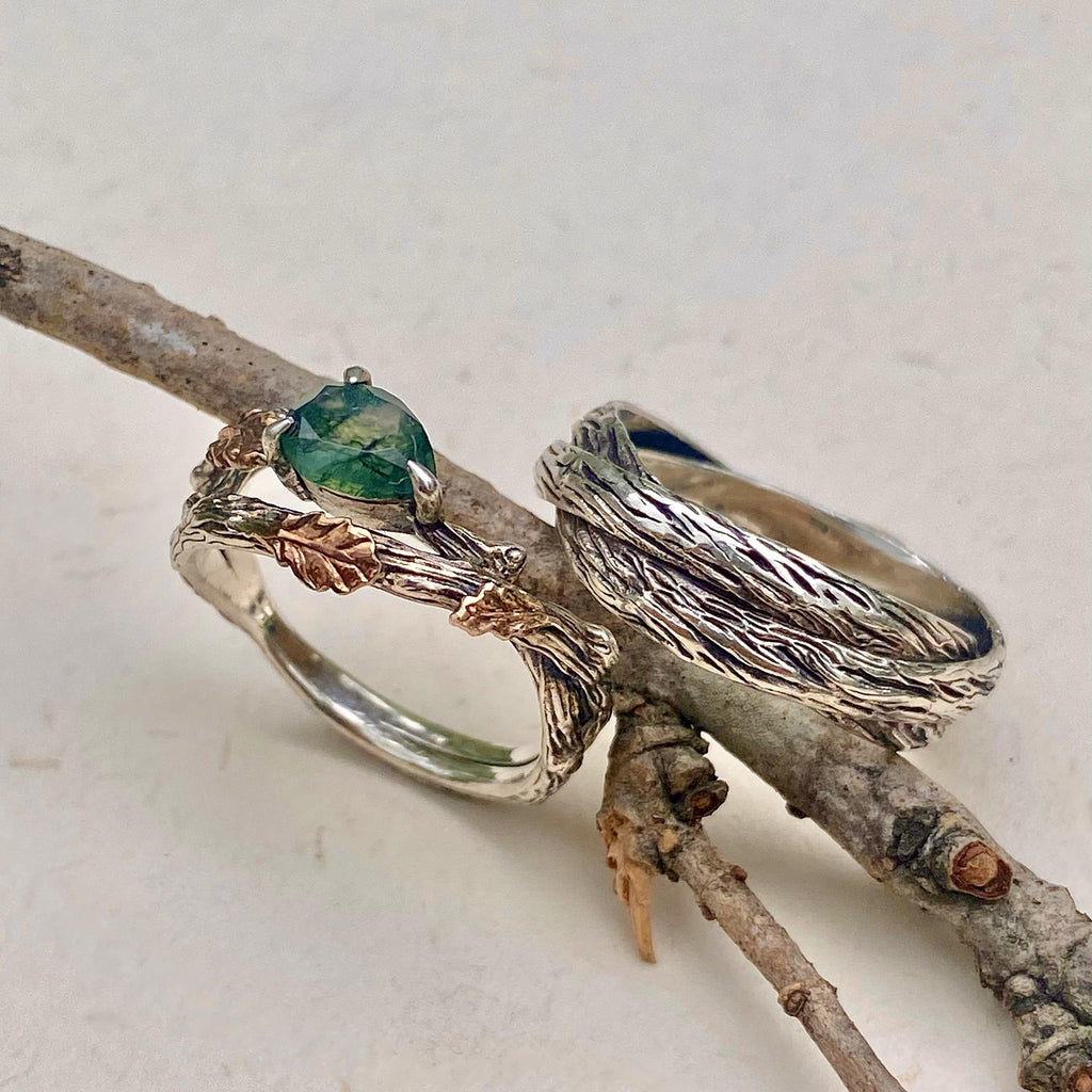 Moss Agate Sterling Silver Oak Leaf Ring Set