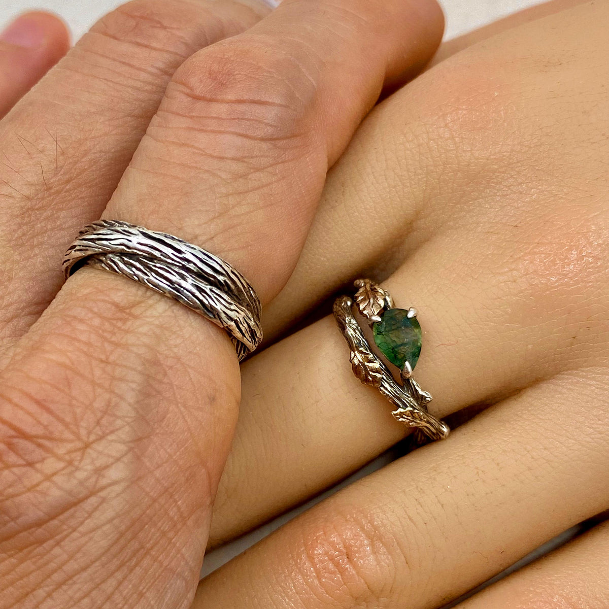 Moss Agate Sterling Silver Oak Leaf Ring Set