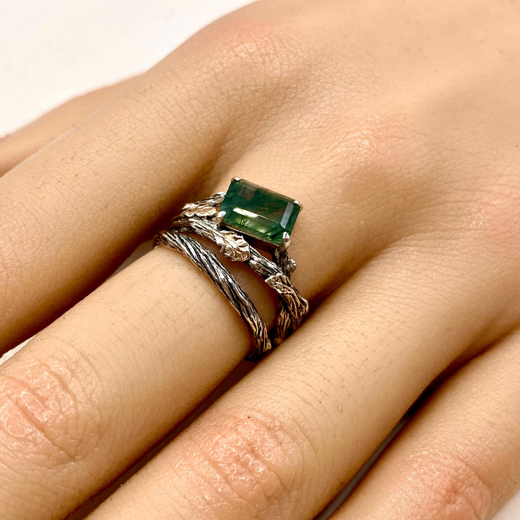 Moss Agate Sterling Silver Oak Leaf Ring