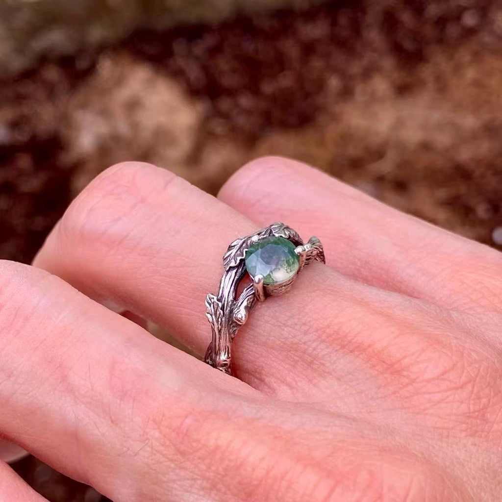 Moss Agate Sterling Silver Oak Leaf Ring