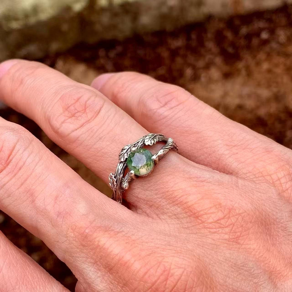 Moss Agate Sterling Silver Oak Leaf Ring