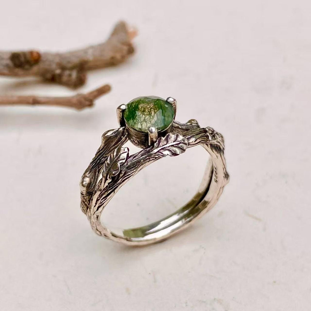 Moss Agate Sterling Silver Oak Leaf Ring