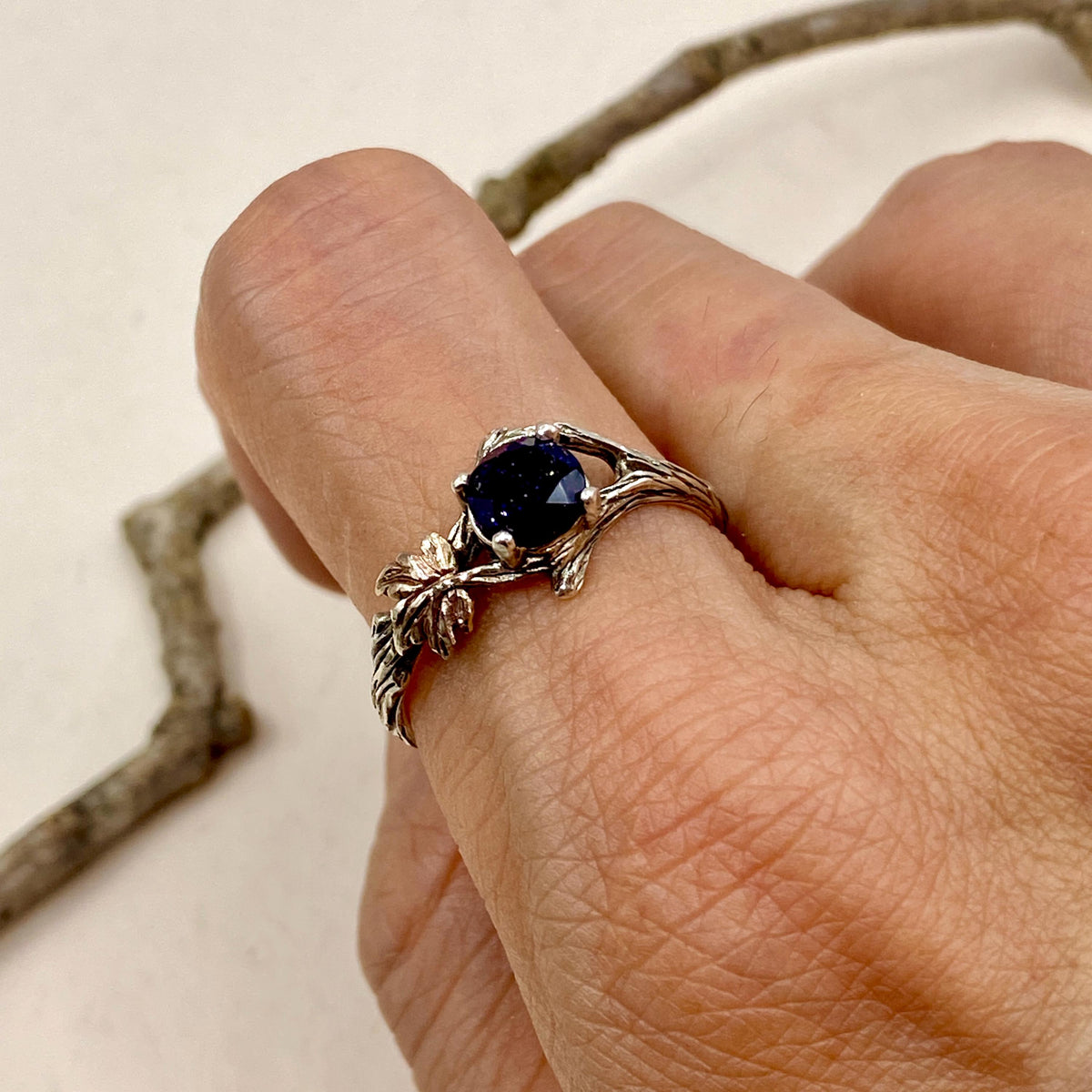 Blue Sandstone Sterling Silver Maple Leaf Ring