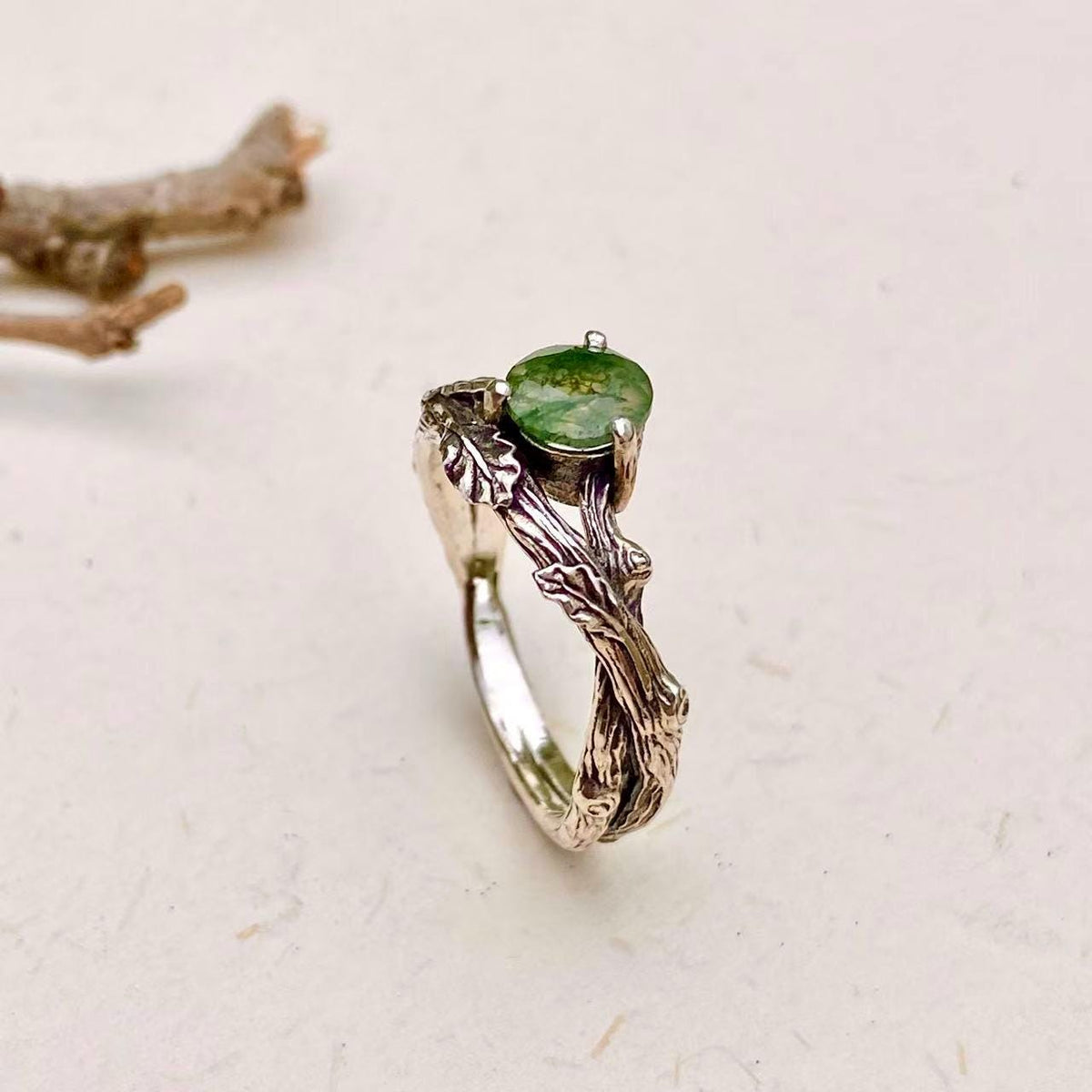 Moss Agate Sterling Silver Oak Leaf Ring