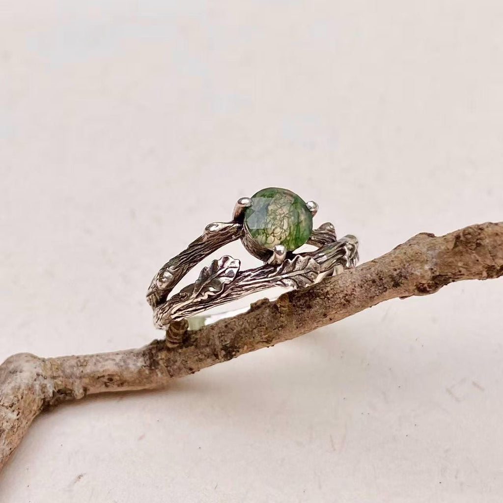 Moss Agate Sterling Silver Oak Leaf Ring