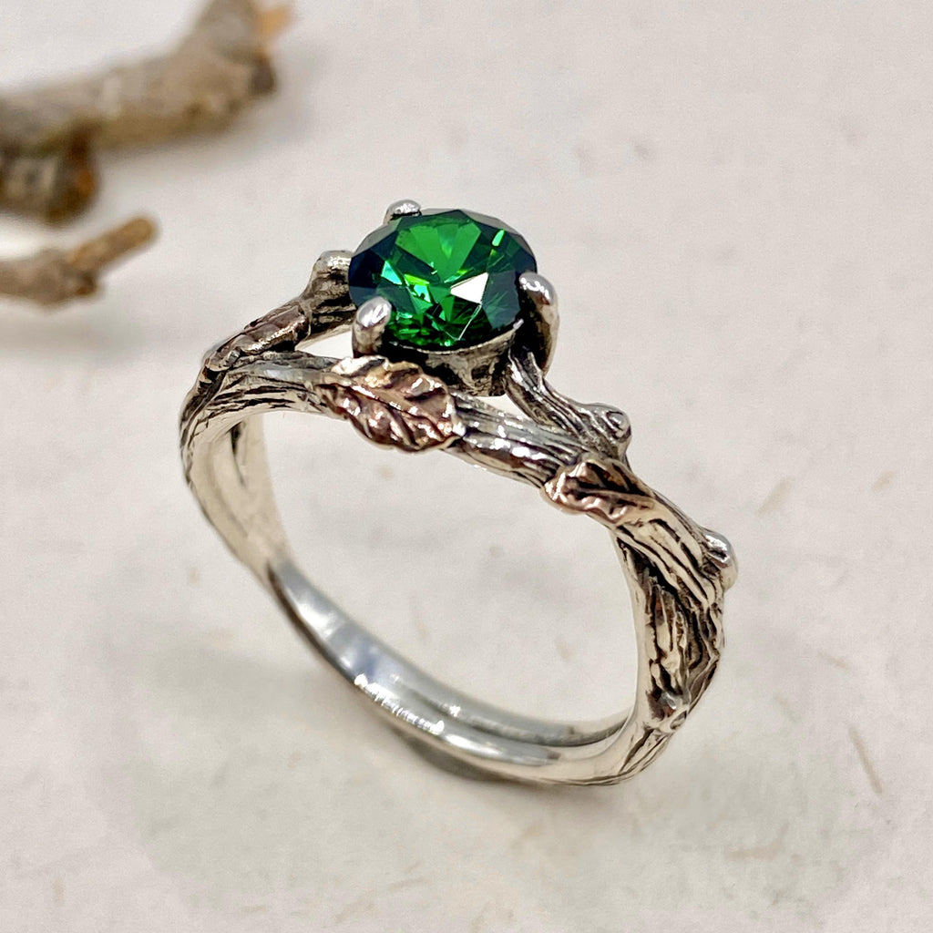 Emerald Sterling Silver Oak Leaf Ring