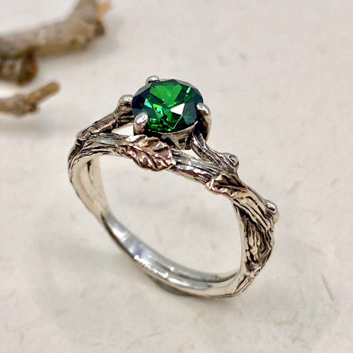 Emerald Sterling Silver Oak Leaf Ring