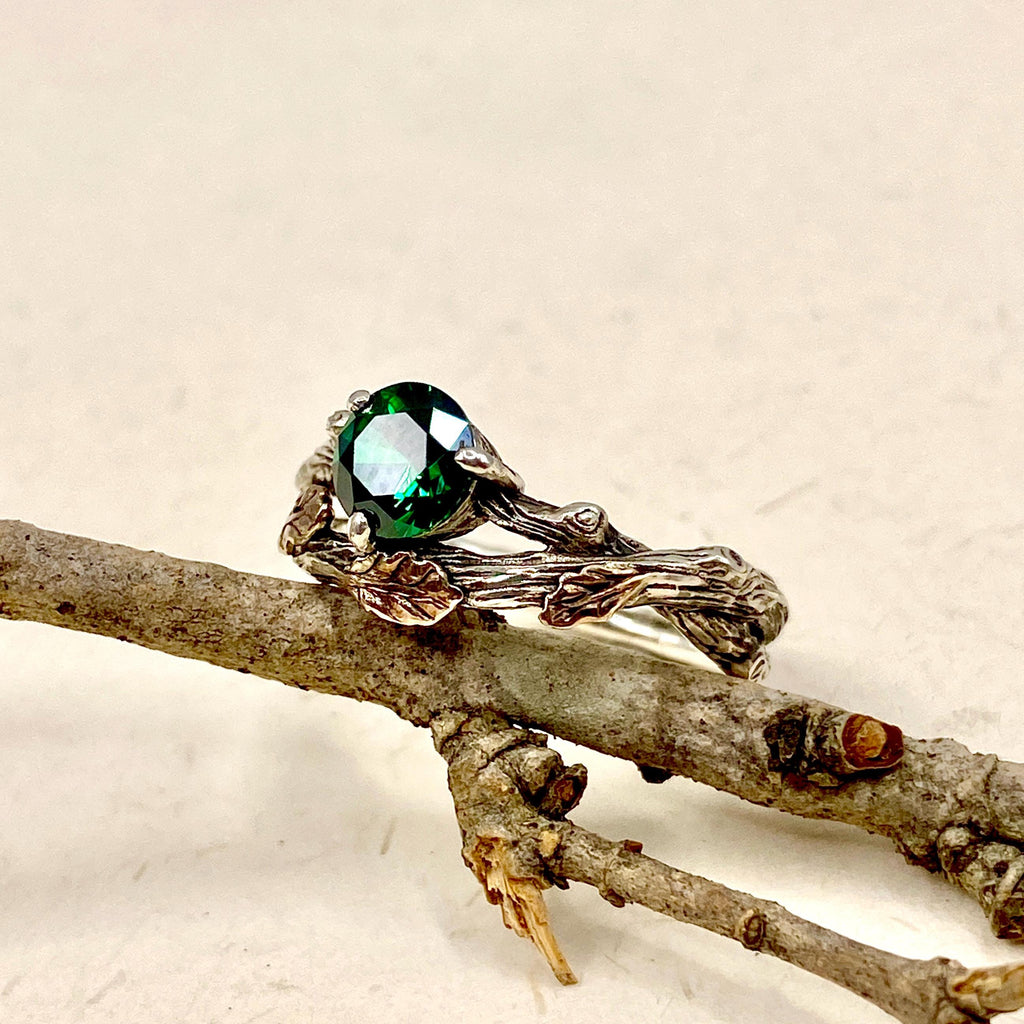 Emerald Sterling Silver Oak Leaf Ring
