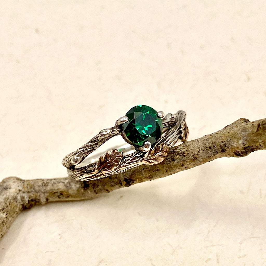 Emerald Sterling Silver Oak Leaf Ring