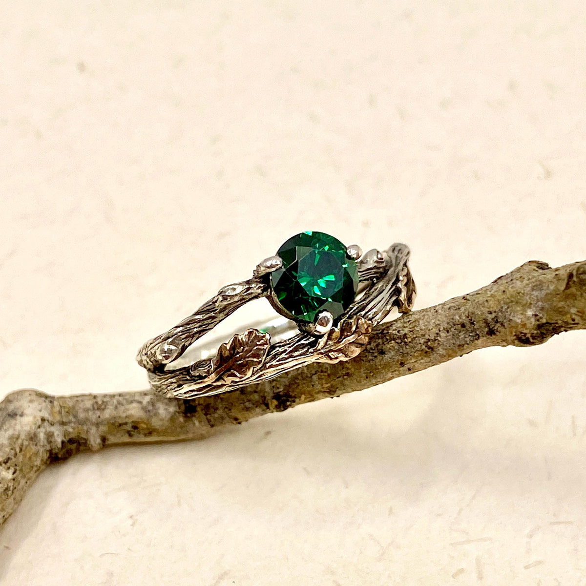 Emerald Sterling Silver Oak Leaf Ring