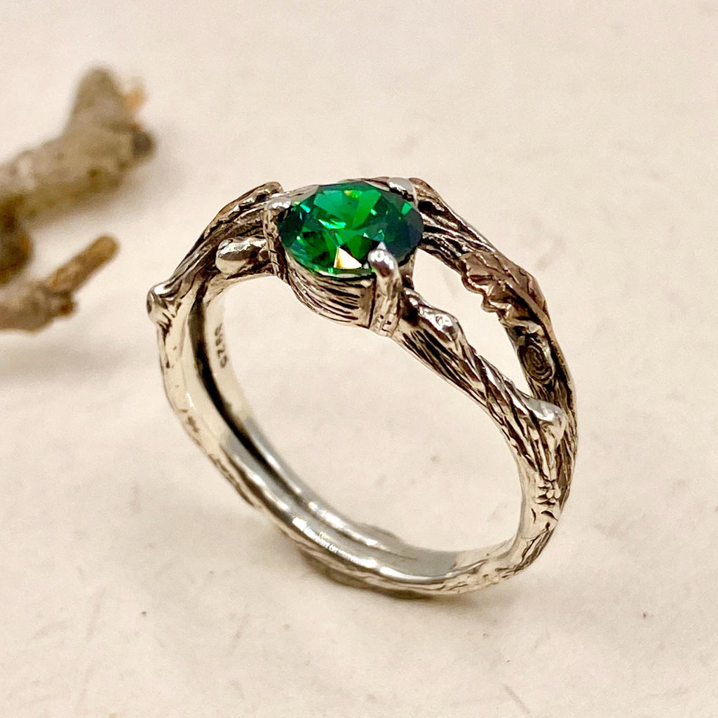 Emerald Sterling Silver Oak Leaf Ring