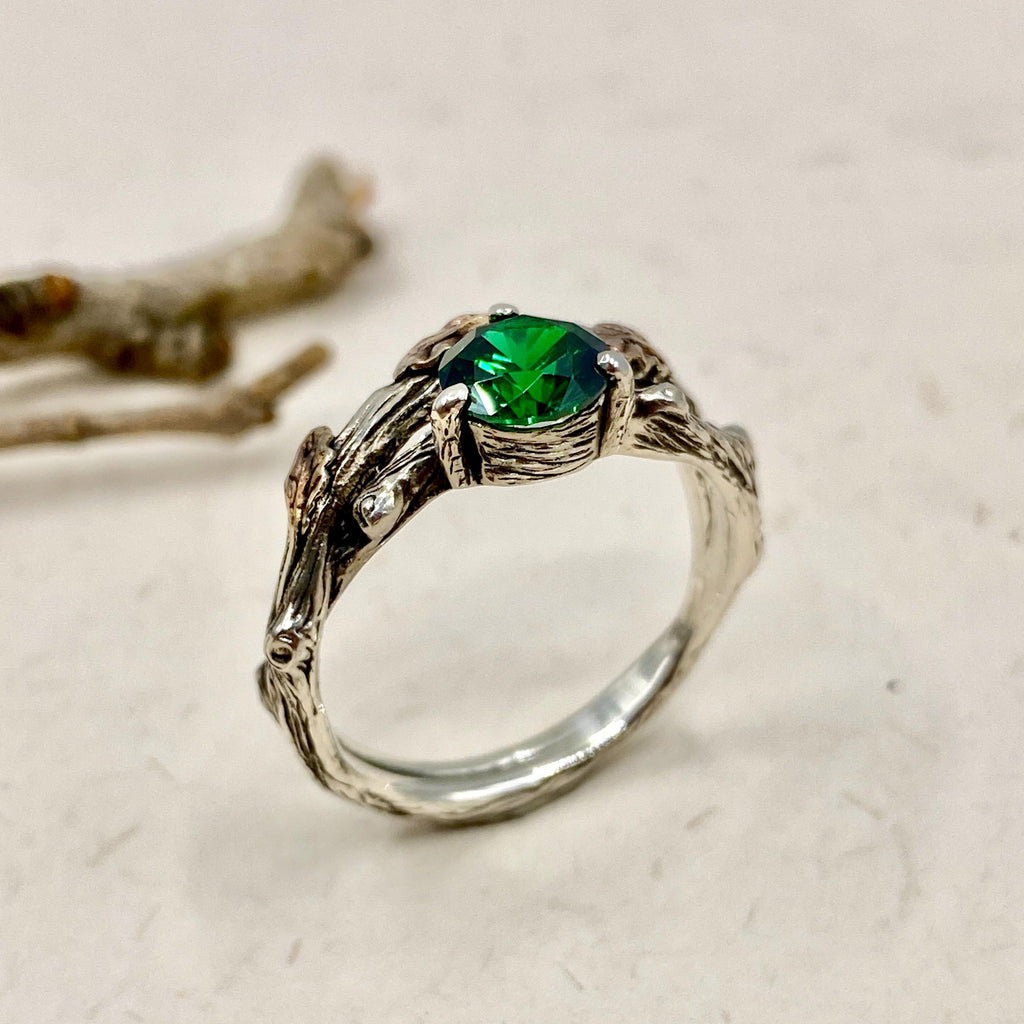 Emerald Sterling Silver Oak Leaf Ring