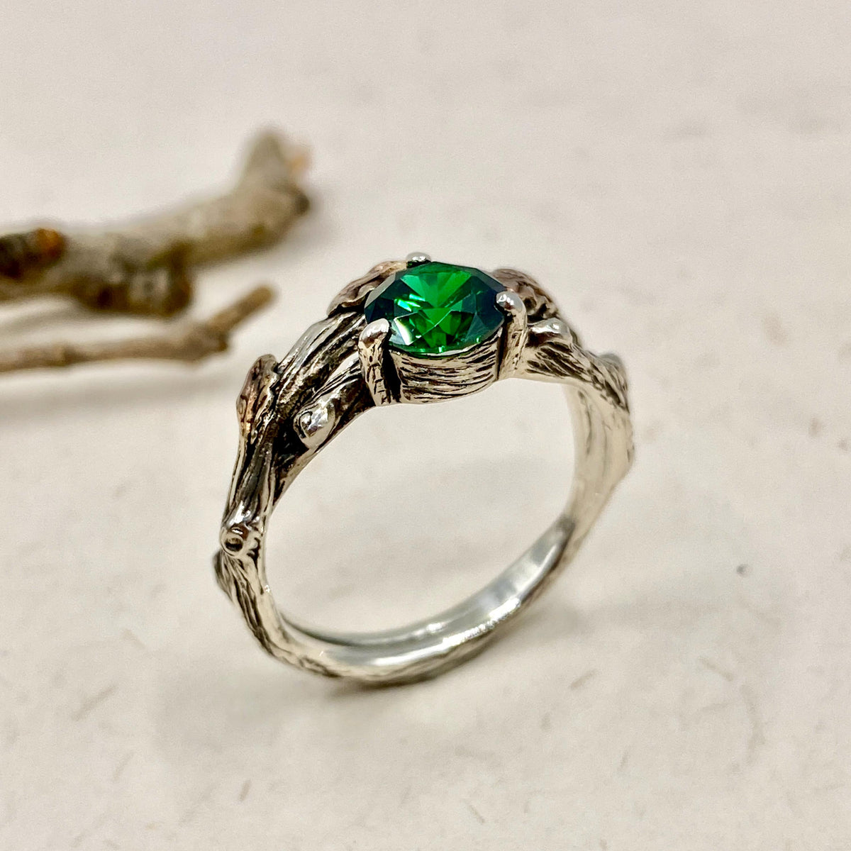 Emerald Sterling Silver Oak Leaf Ring
