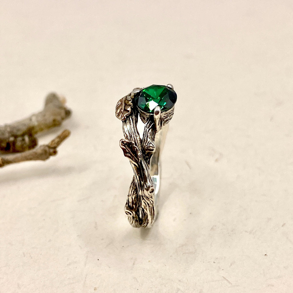 Emerald Sterling Silver Oak Leaf Ring