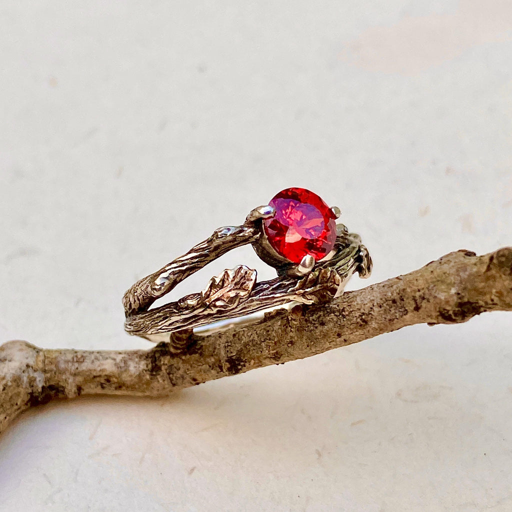 Padparadscha Sterling Silver Oak Leaf Ring