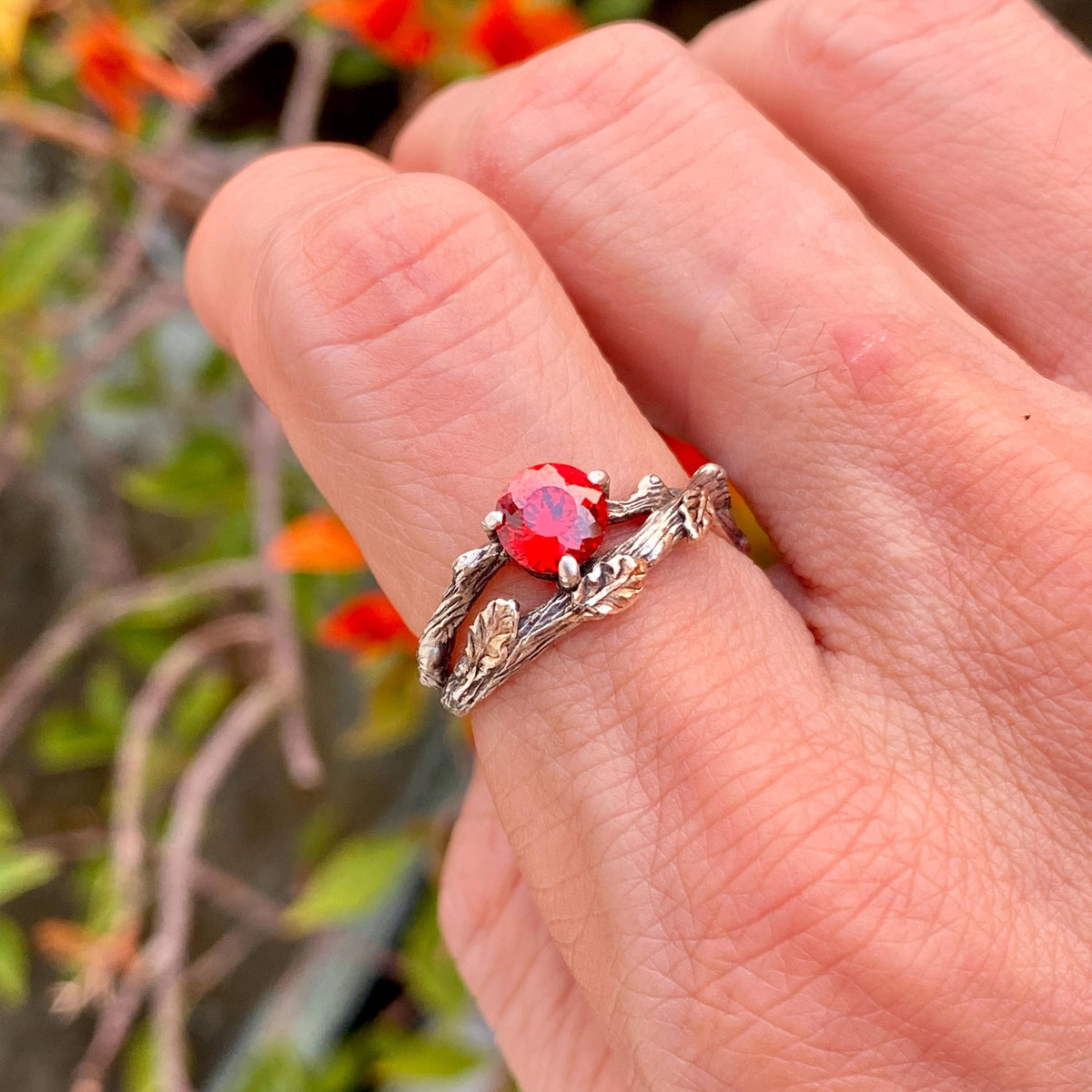 Padparadscha Sterling Silver Oak Leaf Ring