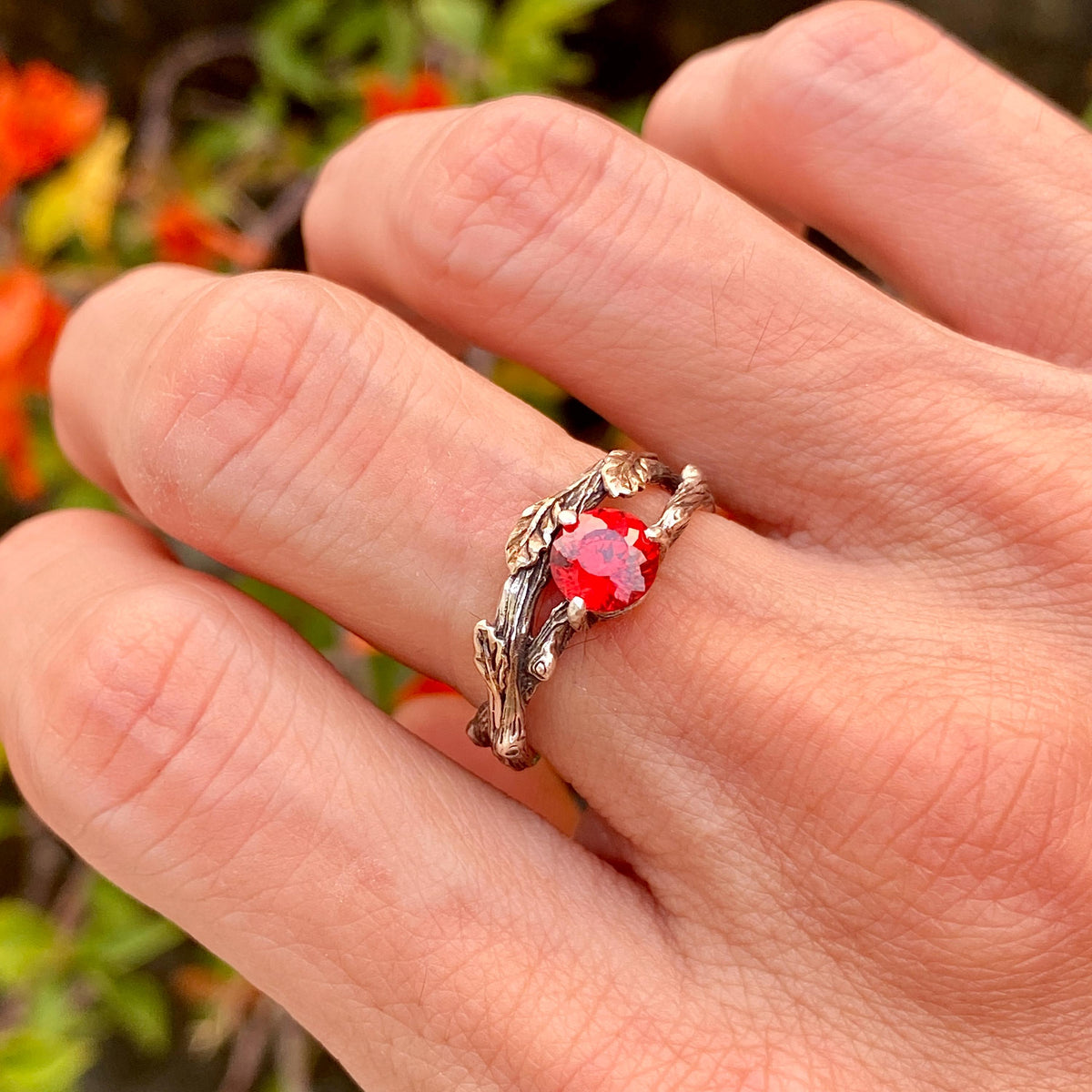 Padparadscha Sterling Silver Oak Leaf Ring