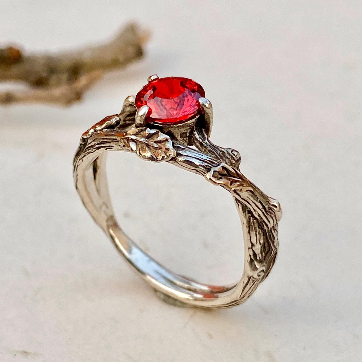 Padparadscha Sterling Silver Oak Leaf Ring