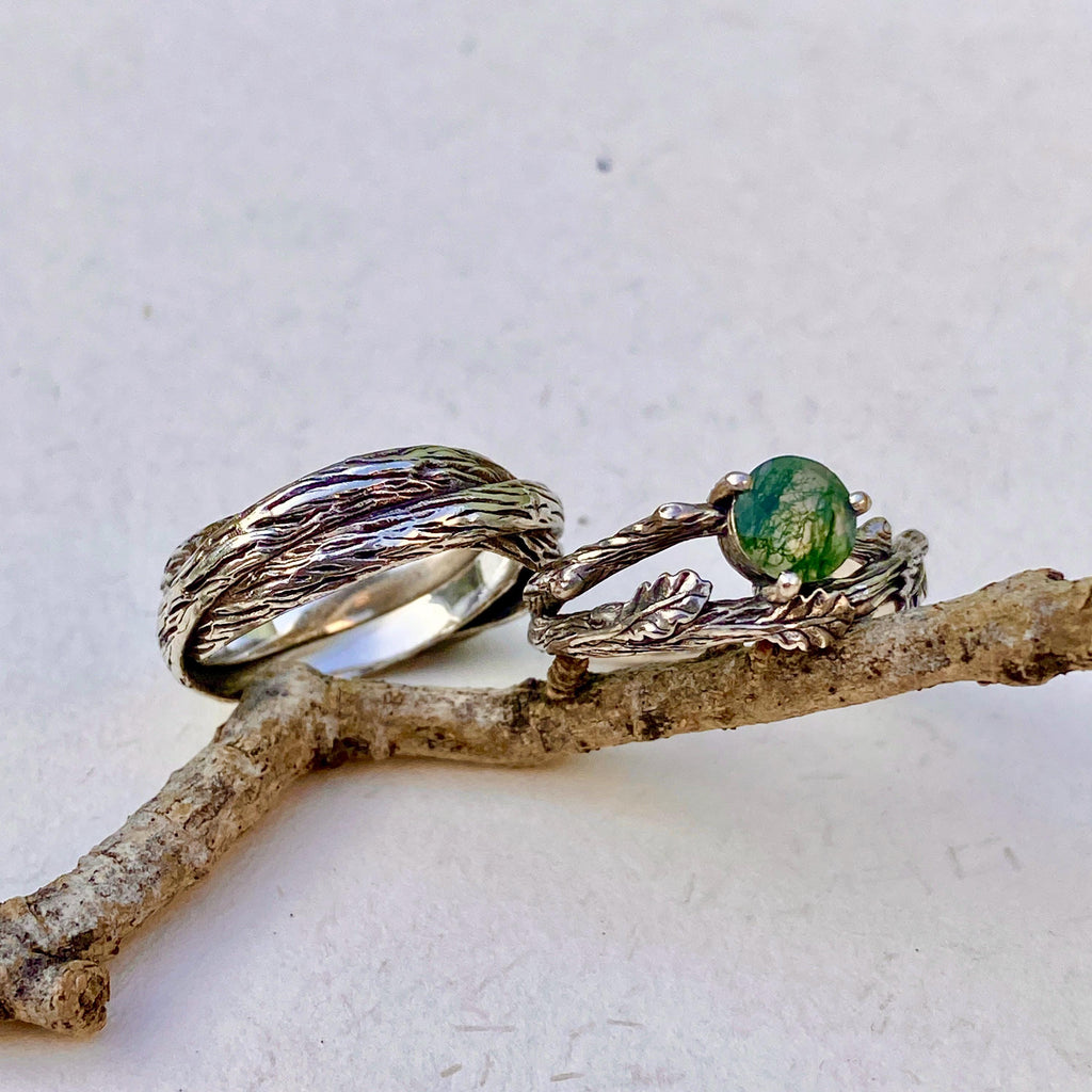Moss Agate Sterling Silver Oak Leaf Ring Set