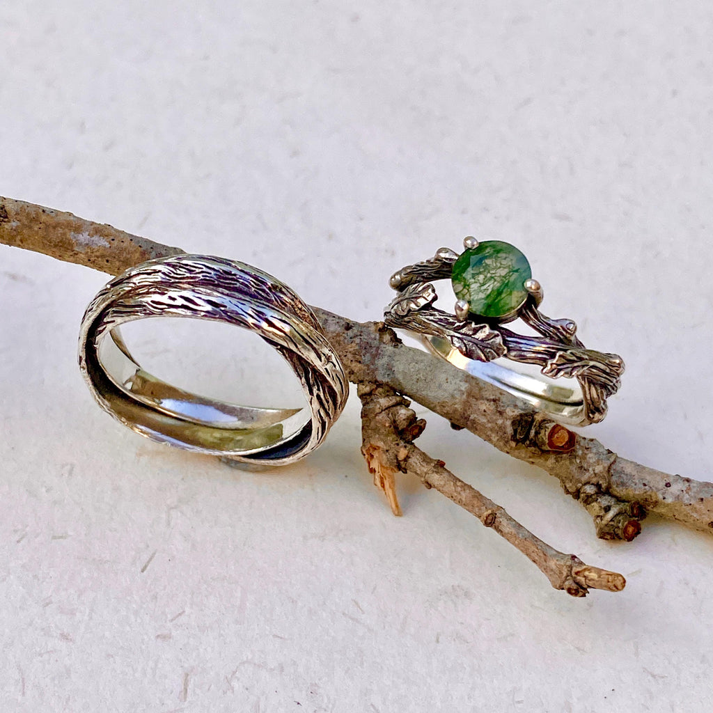 Moss Agate Sterling Silver Oak Leaf Ring Set