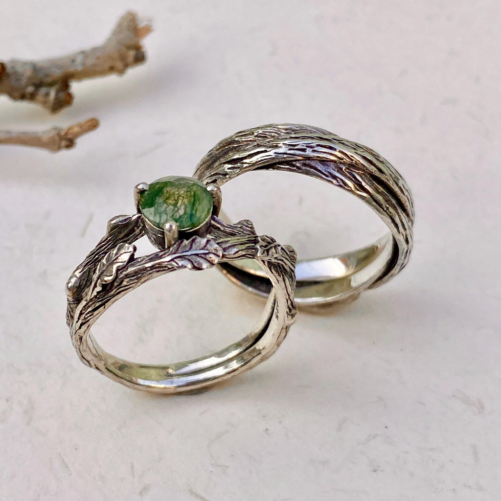 Moss Agate Sterling Silver Oak Leaf Ring Set