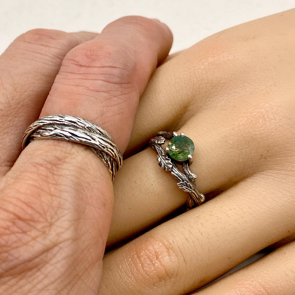 Moss Agate Sterling Silver Oak Leaf Ring Set