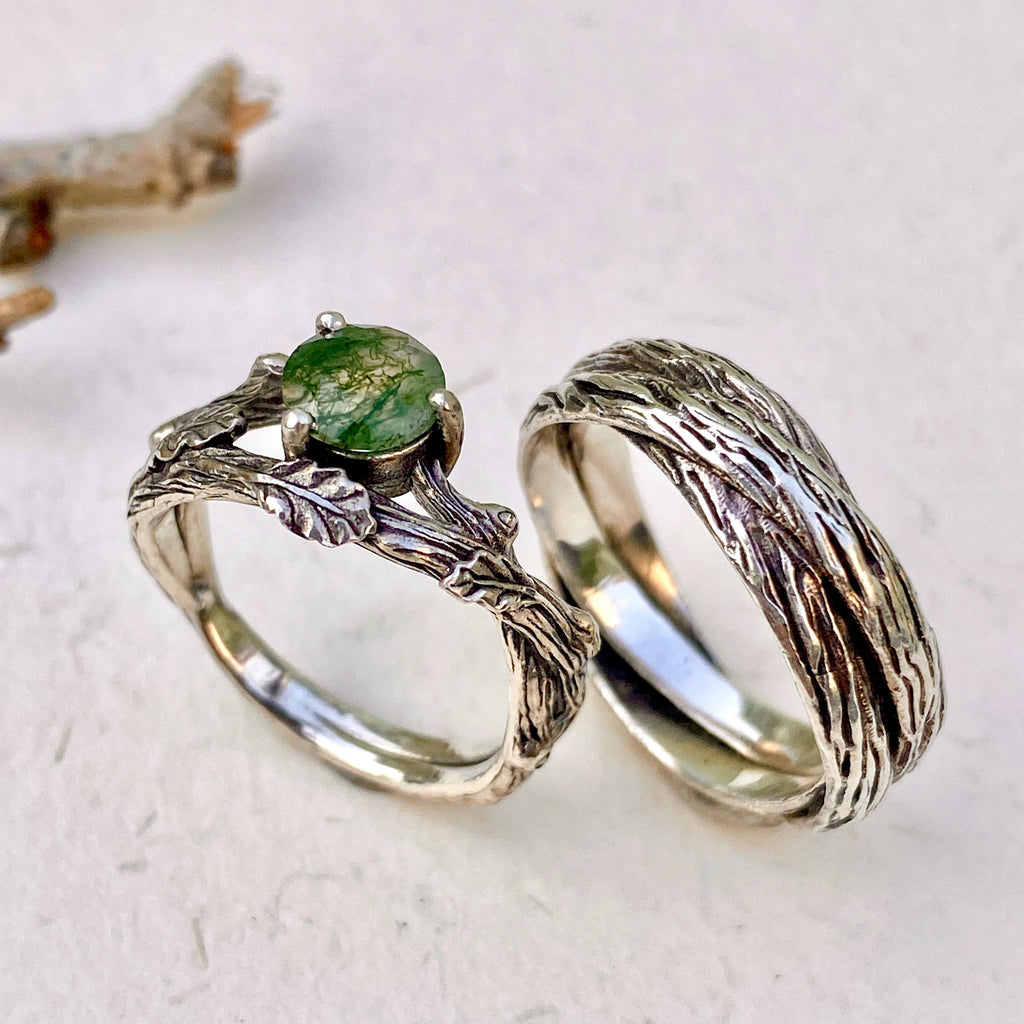 Moss Agate Sterling Silver Oak Leaf Ring Set