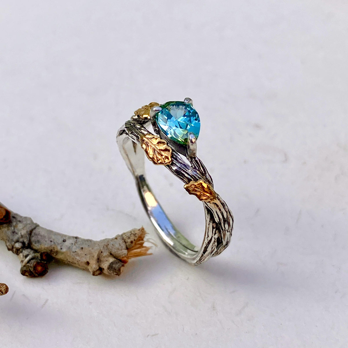 Aquamarine Sterling Silver Oak Leaf Ring
