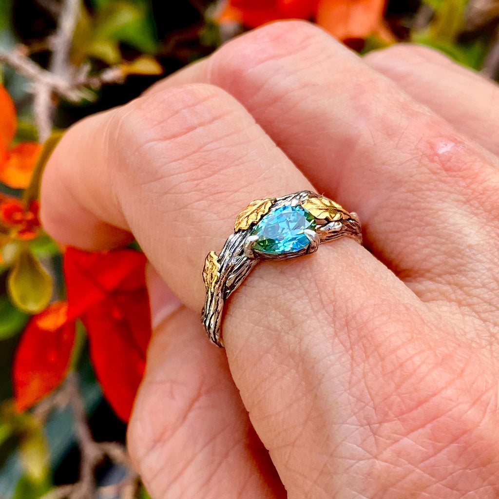 Aquamarine Sterling Silver Oak Leaf Ring