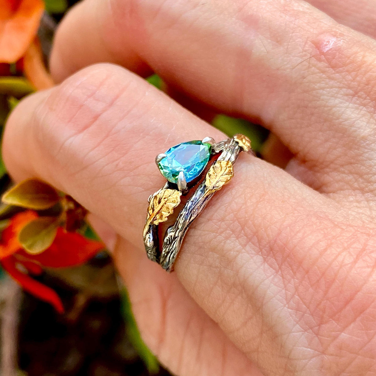 Aquamarine Sterling Silver Oak Leaf Ring