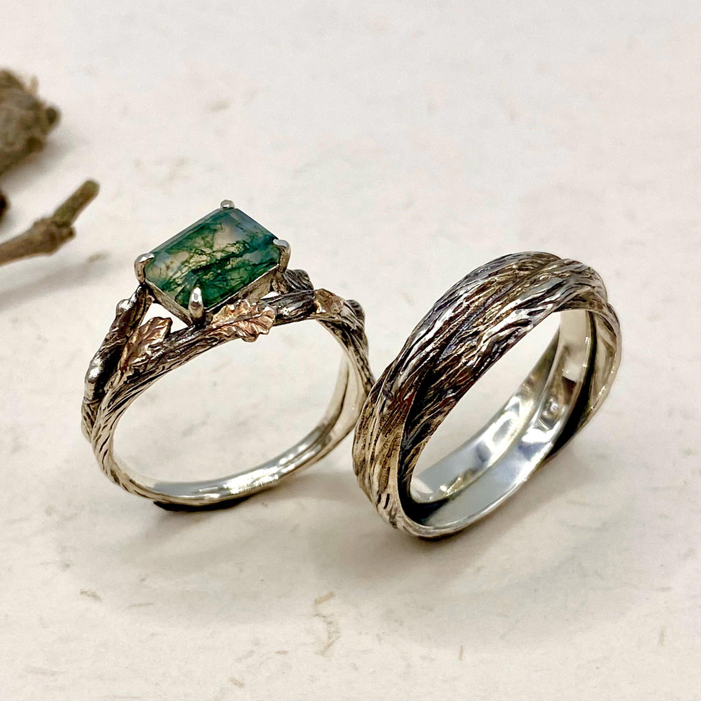 Moss Agate Sterling Silver Oak Leaf Ring Set