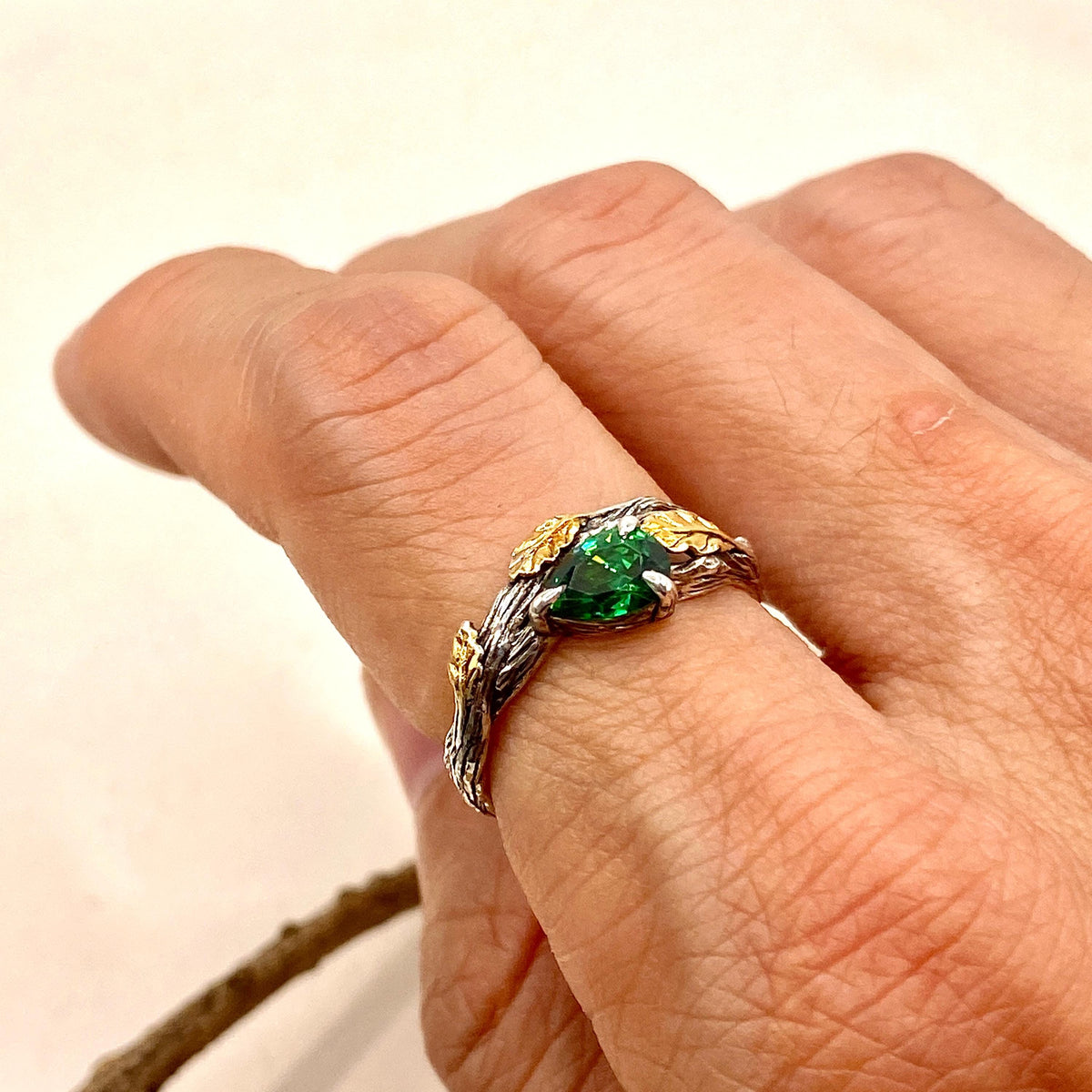 Emerald Sterling Silver Oak Leaf Ring
