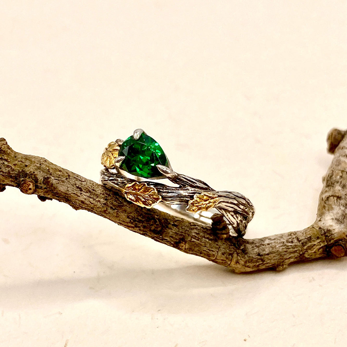 Emerald Sterling Silver Oak Leaf Ring