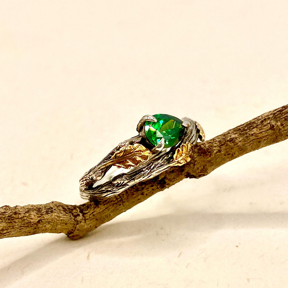 Emerald Sterling Silver Oak Leaf Ring
