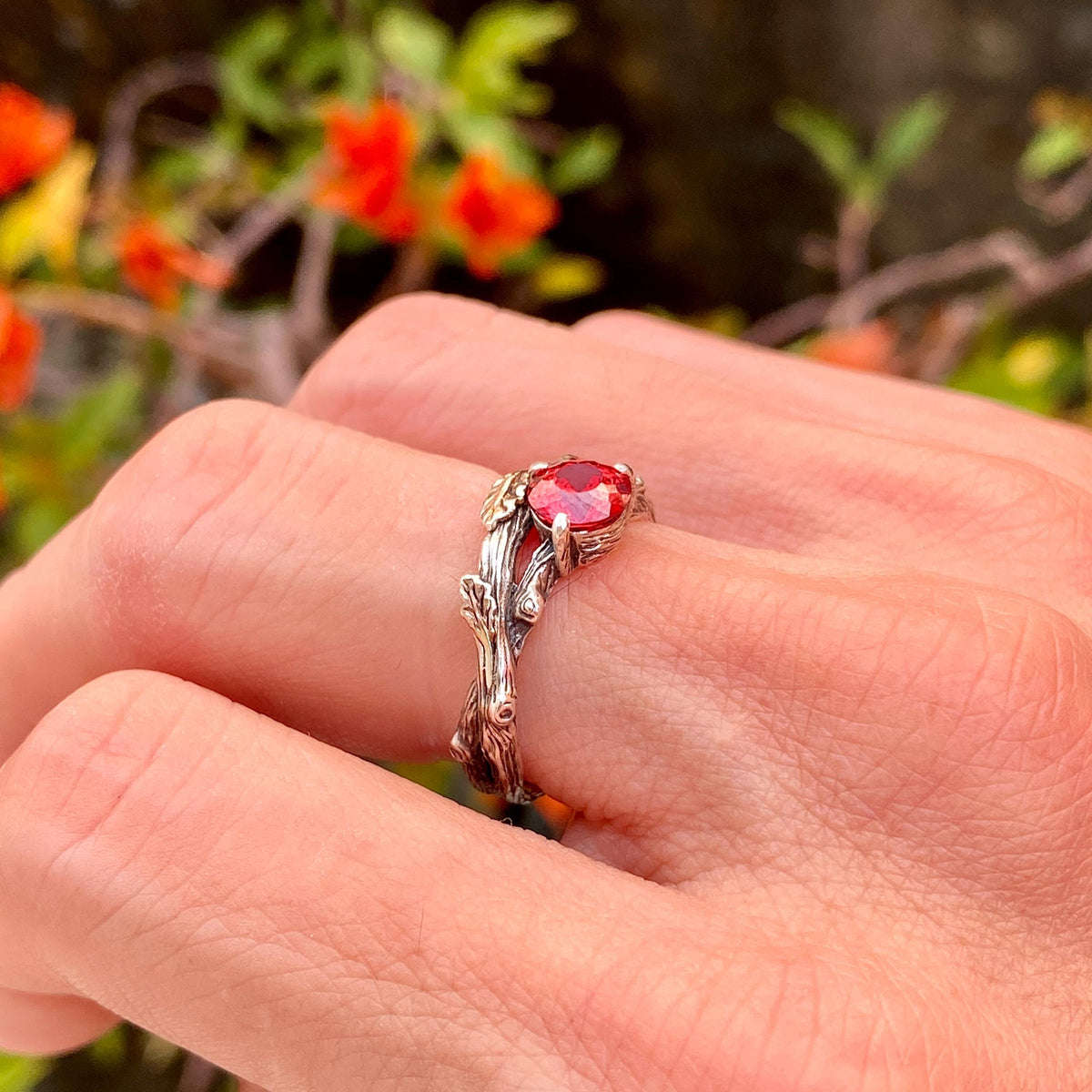 Padparadscha Sterling Silver Oak Leaf Ring
