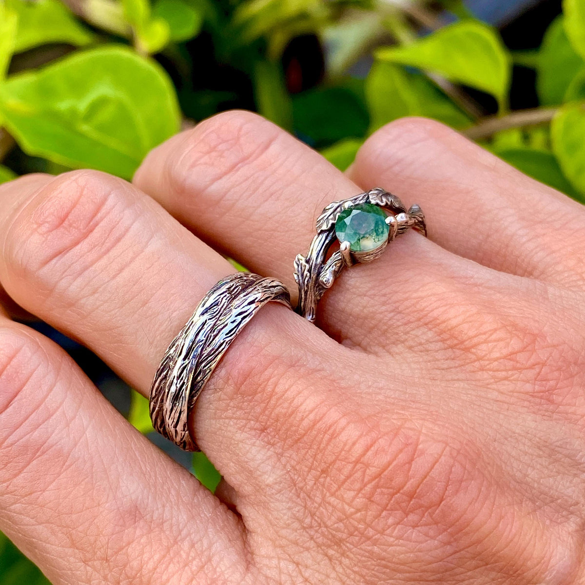 Moss Agate Sterling Silver Oak Leaf Ring Set