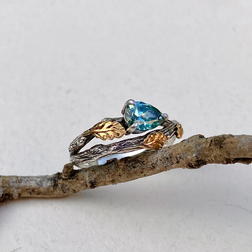 Aquamarine Sterling Silver Oak Leaf Ring