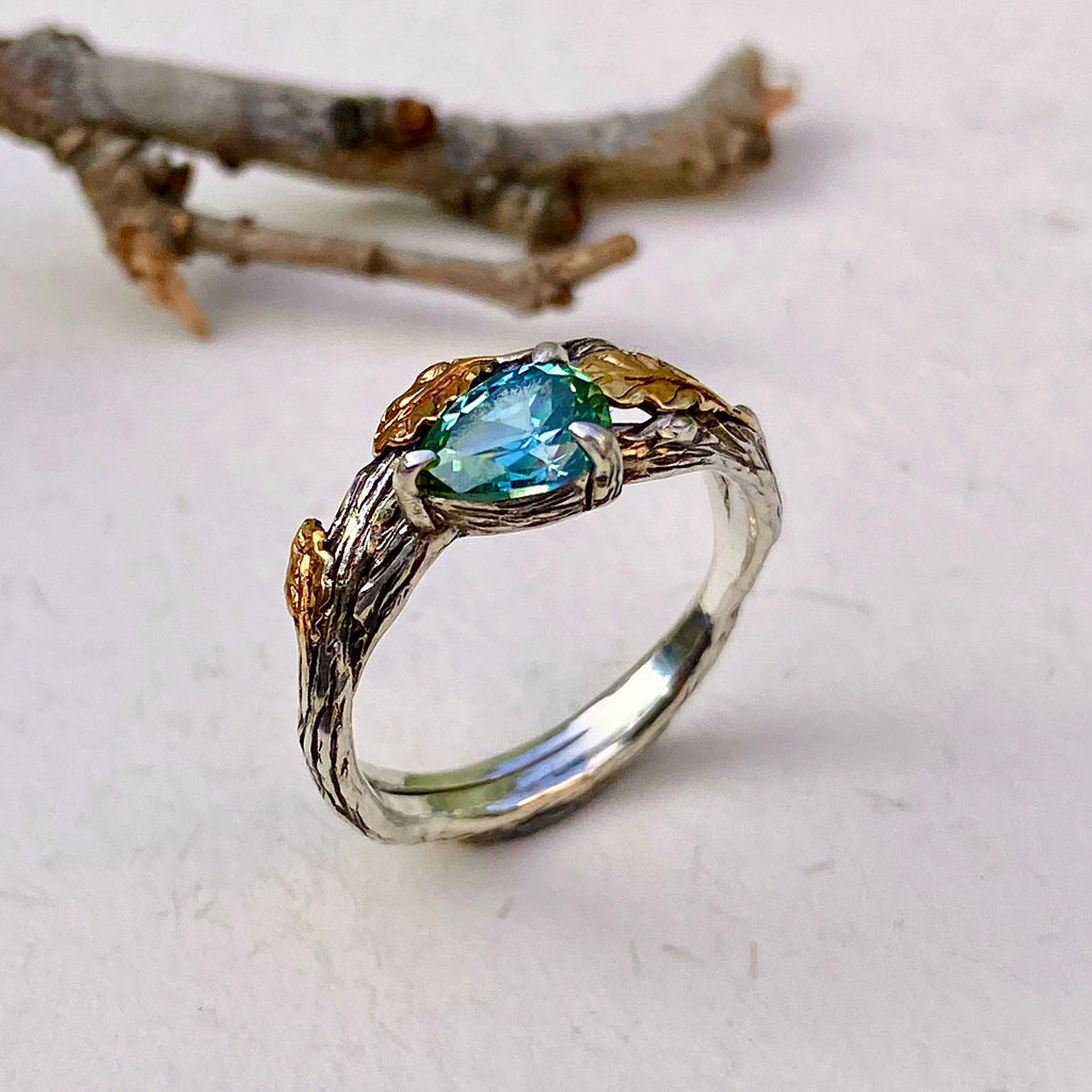 Aquamarine Sterling Silver Oak Leaf Ring