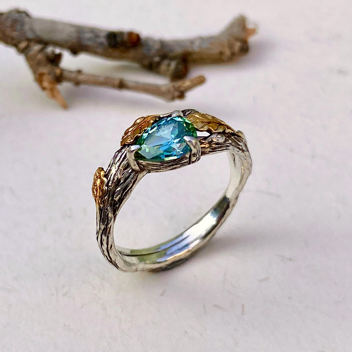 Aquamarine Sterling Silver Oak Leaf Ring
