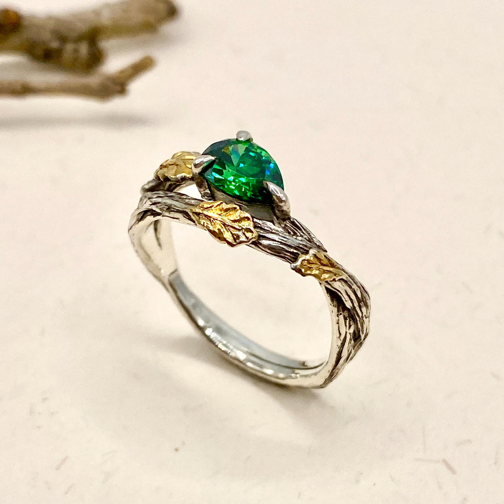 Emerald Sterling Silver Oak Leaf Ring