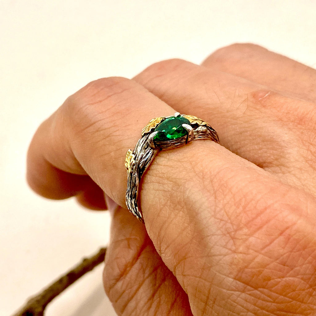 Emerald Sterling Silver Oak Leaf Ring