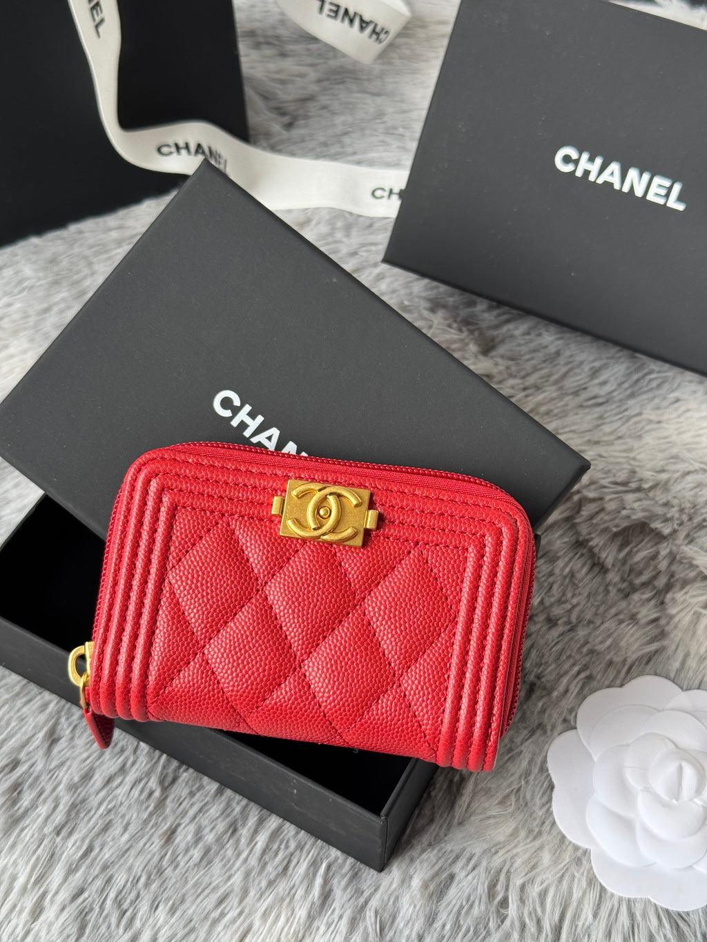 CC Classic Boy Coin Purse Red Gold-tone Grained Calfskin 242876