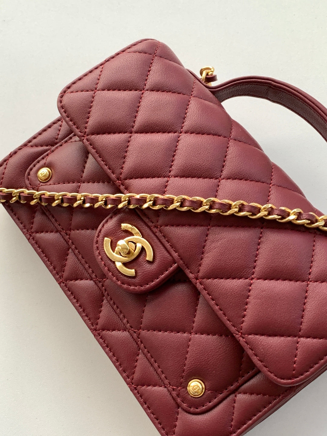 CC Handle Bag 19cm Double C Burgundy Lambskin Gold Hardware