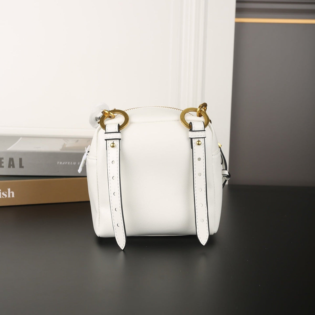 DANGLE TOP HANDLE MINI BAG 15 IN WHITE SHINY CALFSKIN