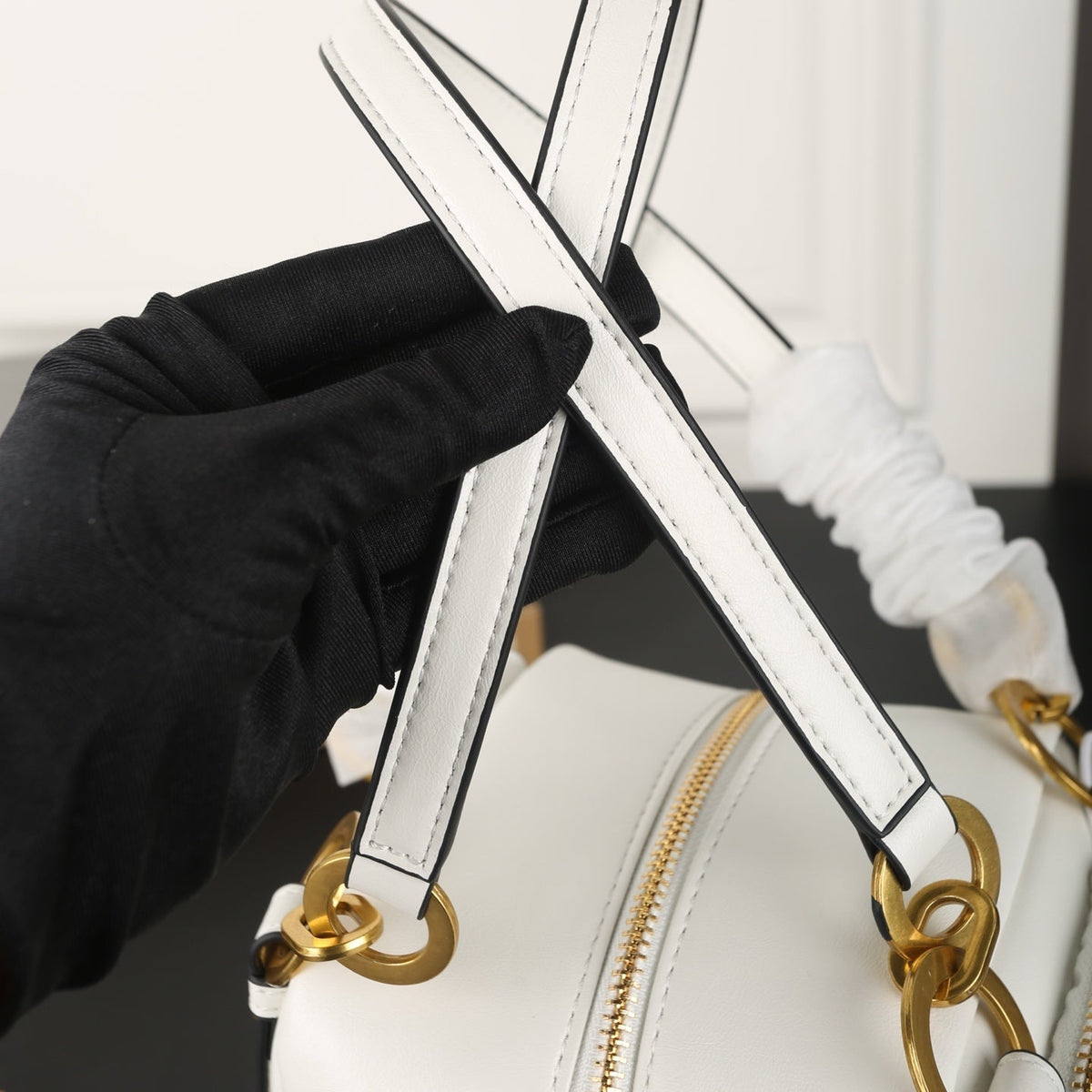 DANGLE TOP HANDLE MINI BAG 15 IN WHITE SHINY CALFSKIN