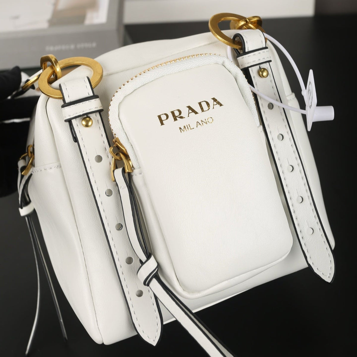 DANGLE TOP HANDLE MINI BAG 15 IN WHITE SHINY CALFSKIN